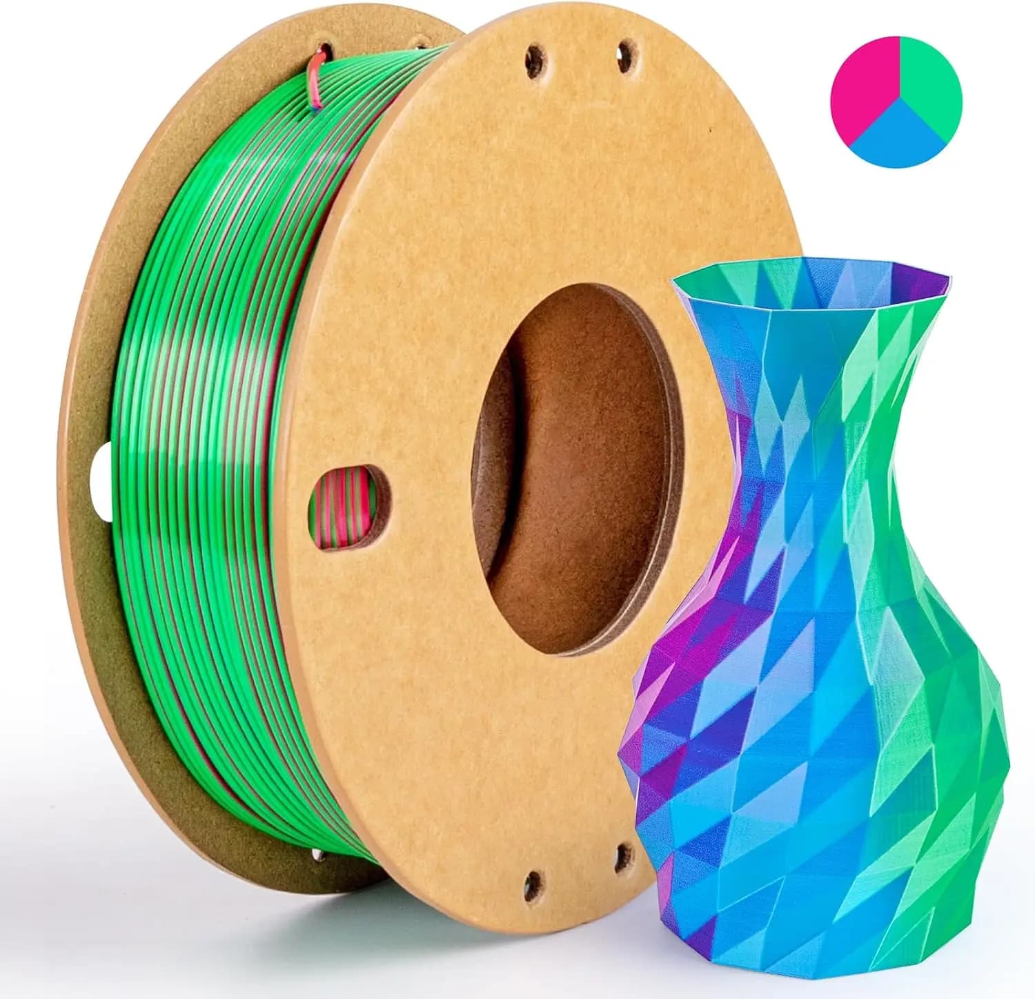 Silk Tri-Color PLA+ 1.75mm Filament, 250g Spool, Rose Red+Sky Blue+Green, Shiny Finish