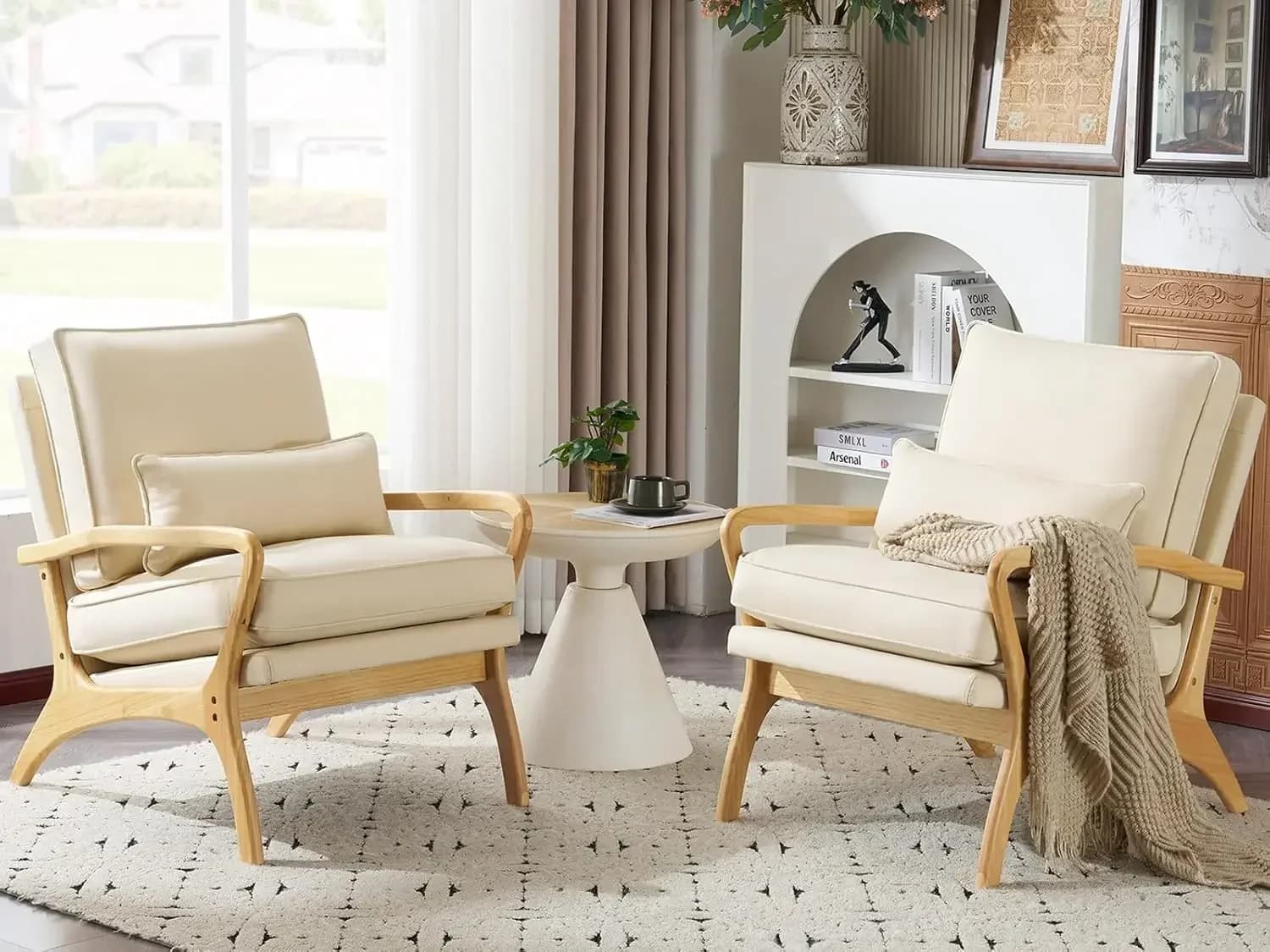 Set di 2 Poltrone Moderne Stile Mid-Century con Cuscino Lombare, Sedie Imbottite in Tessuto di Lino con Cuscini Spessi 6,3 Pollici, Struttura in Legno