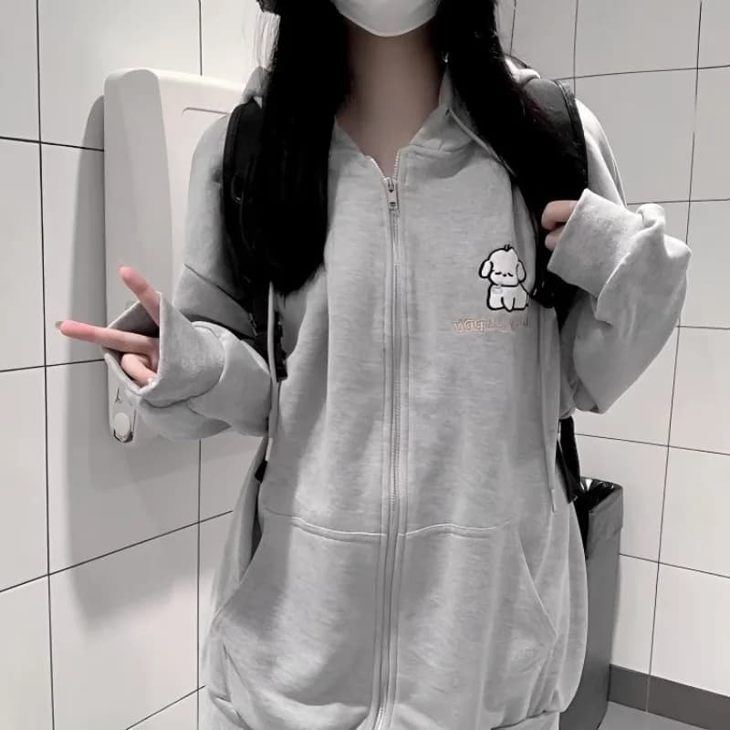 Felpa con cappuccio stile preppy per ragazza streetwear Felpa con cappuccio con cerniera ricamata per cani larghi Giacca a maniche lunghe autunno inverno Top larghi