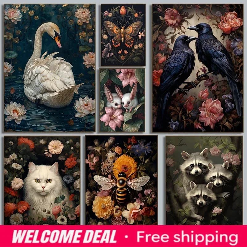 2026 frameless Diamond painting Dark Academia Plant Flower Animal Moth Fox Albino Fruit Bats Hare Poster Diamond Printing Moo