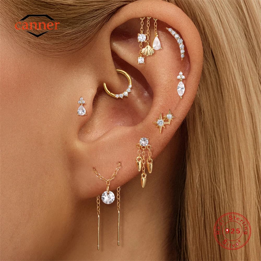 CANNER 1PC 925 Sterling Silver Nappa Catena CZ Testa Piatta Puntura Orecchino Per Le Donne Ins Classico Geometrico Orecchino Della Vite Prigioniera gioielli