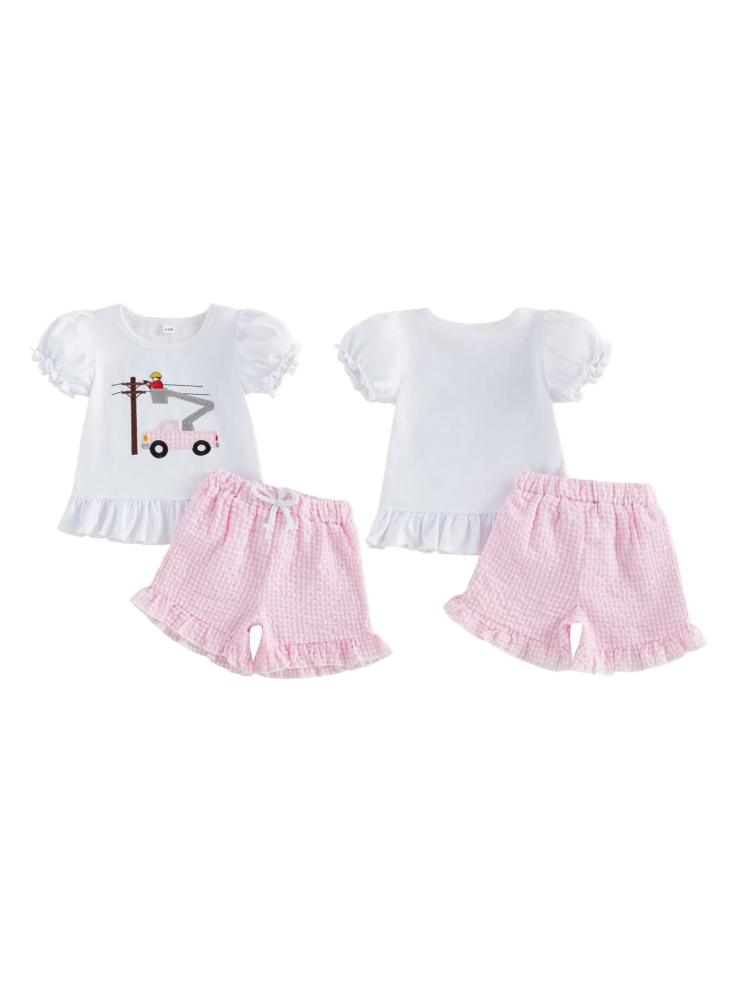 Set estivo da bambina in 2 pezzi con top a maniche corte con ricamo floreale e pantaloncini in denim - Graziosi completini per bambina per le giornate calde