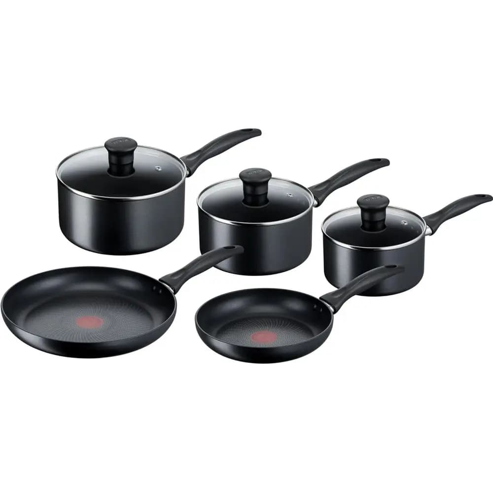 Set di Pentole Antiaderenti 5 Pezzi con Coperchi in Vetro, Padelle 16/18/20cm + Padelle 22/26cm, Compatibili con Induzione, Nero