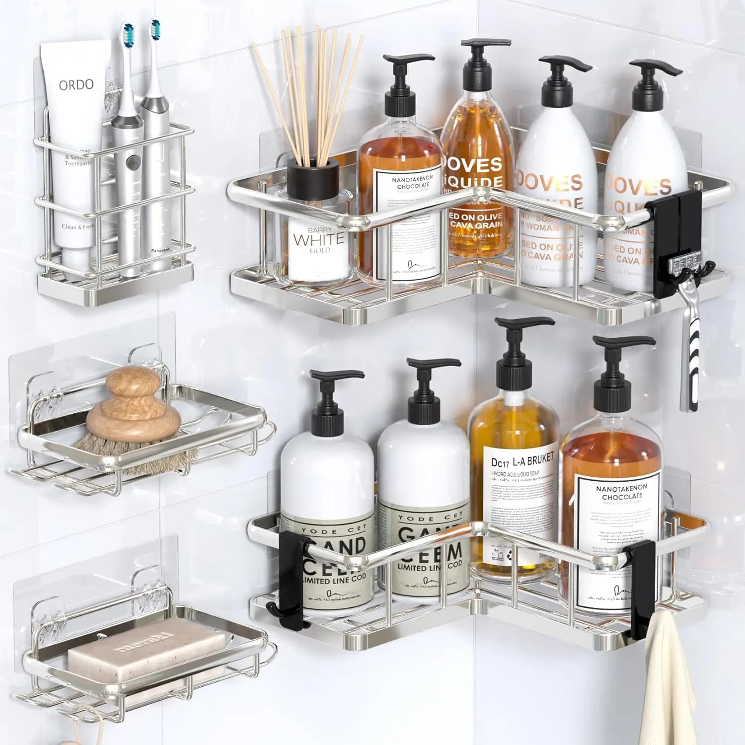 5 Pack Corner Shower Caddy Adhesive, 100% Rustproof Shower Organizer with Soap and Troothbrush Holder, No Drill Shower Shelf for Inside Shower, Wall-Mounted Shower Storage for Homes