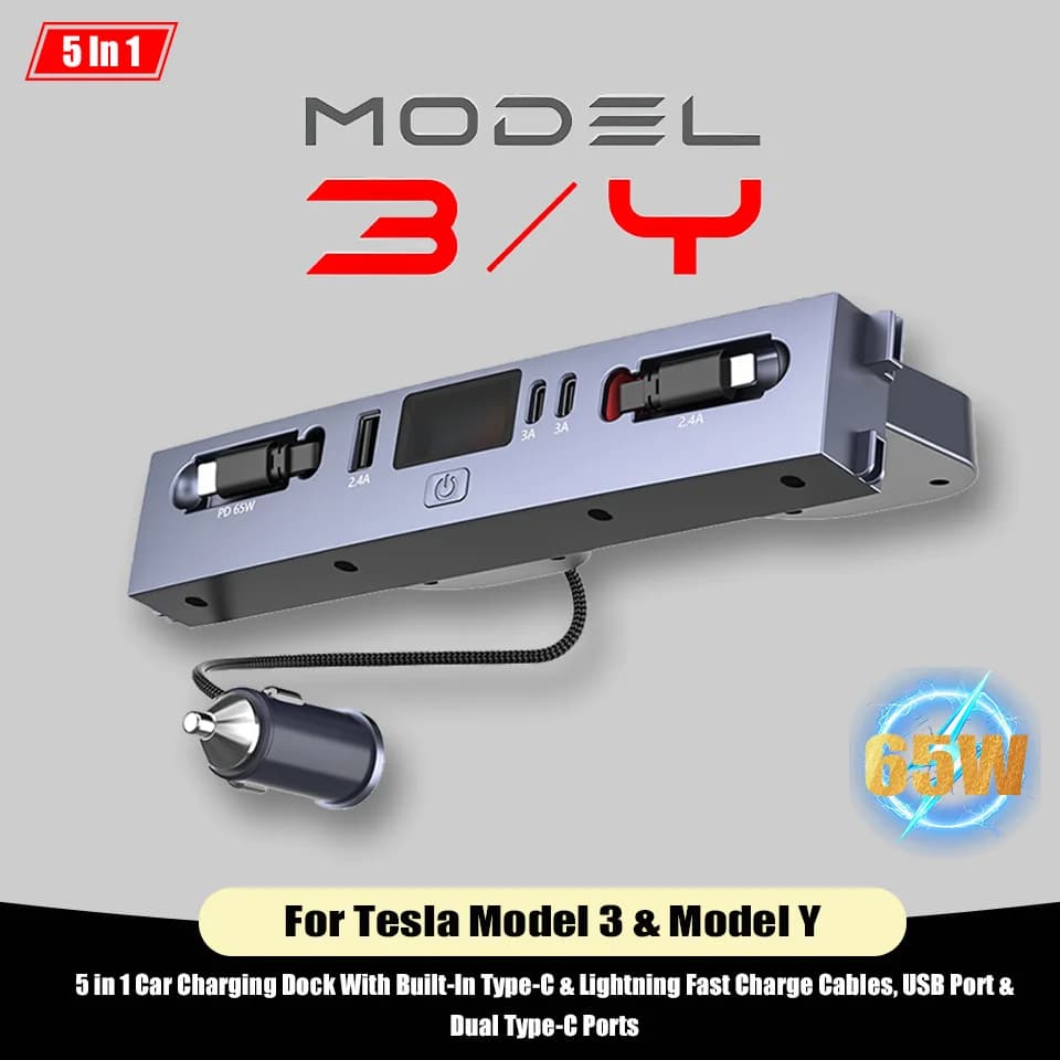 Docking Station for Tesla Model 3 / Y, Quick Charger 65W, USB Hub, Central Console Extension, Intelligent Sensor, Car Lighter