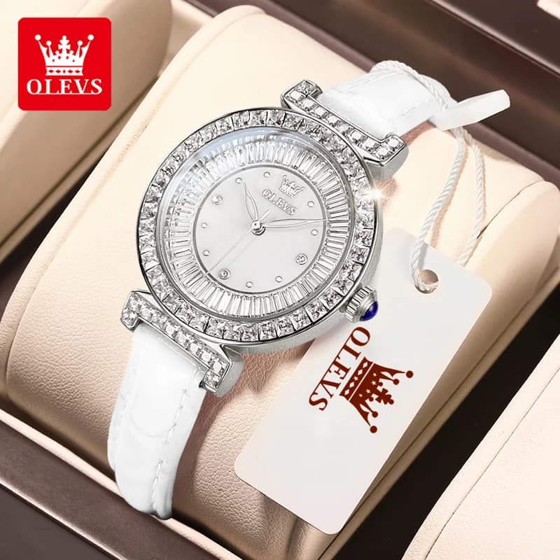 OLEVS 9983 Women's Watch Fashionable Luxury Original Quartz Watch for Women Waterproof Leather Strap Luminous Diamonds Dial