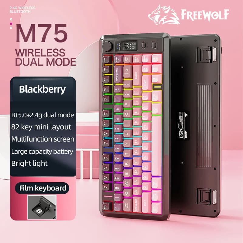 Tastiera wireless con schermo FREEWOLF M75 con manopola in metallo, RGB, Bluetooth Dual Mode multifunzione per PC, laptop, adatta per lavoro