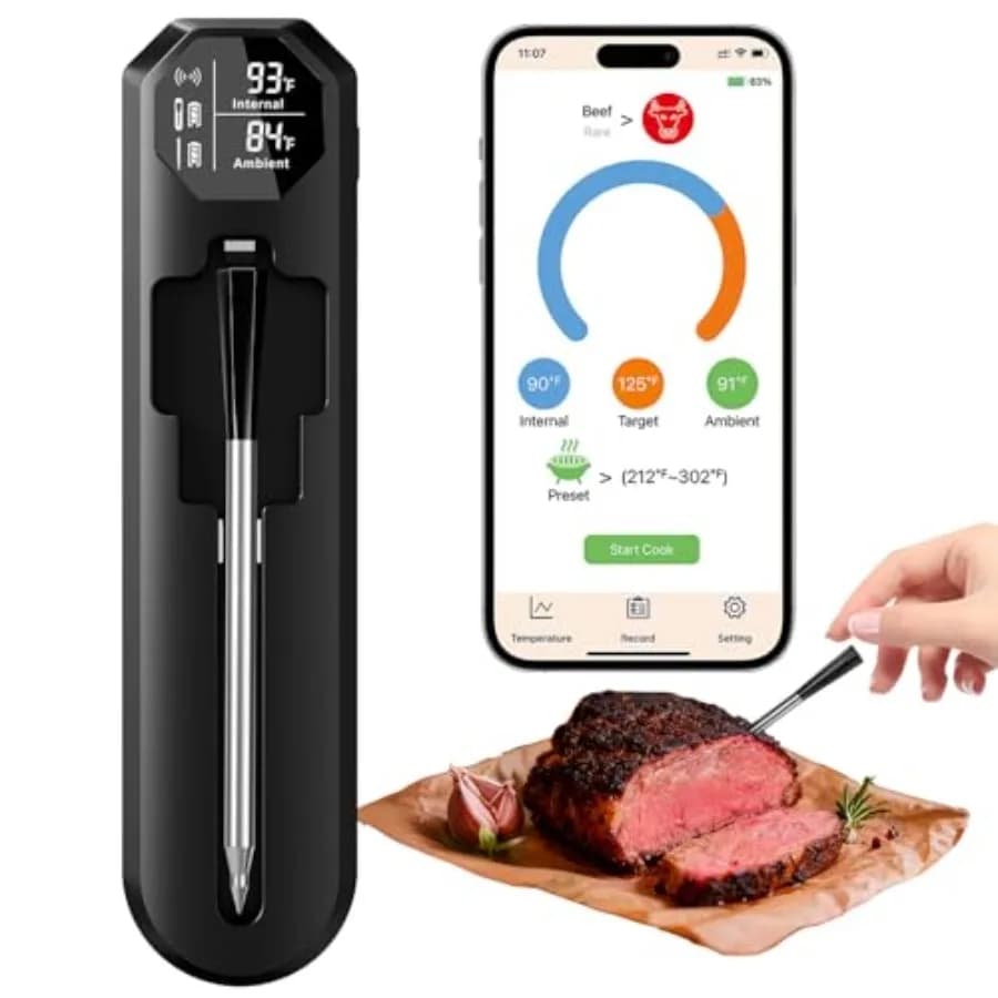 Termometro Digitale Wireless per Carne con Bluetooth, Portata di 250 Metri, con APP per Griglia, Affumicatore, Forno, Design Magnetico