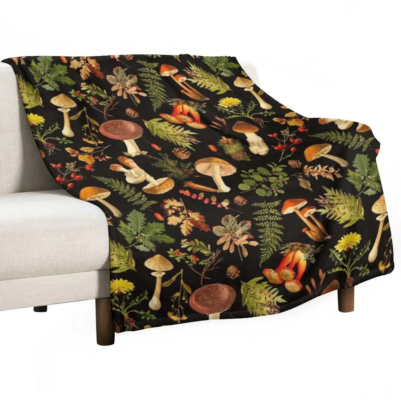 Vintage toxic mushrooms forest pattern on black Throw Blanket For Sofa Thin Hairy Blankets