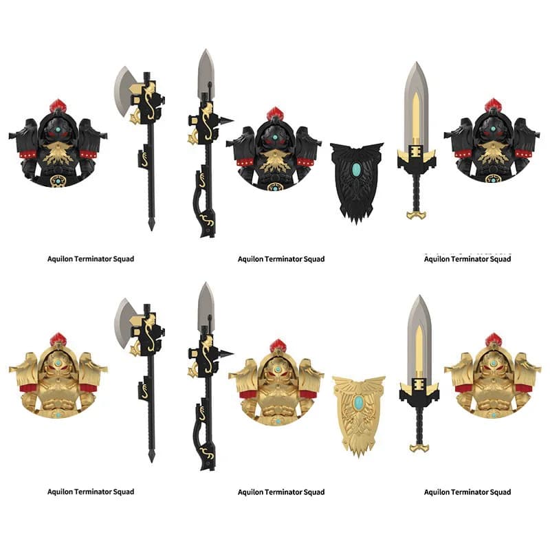 Minifigure Aquilon Terminator Squad, Blocchi da Costruzione con Armatura Nera e Dorata, Action Figure con Asce, Spade e Scudi, Oggetti da Collezione