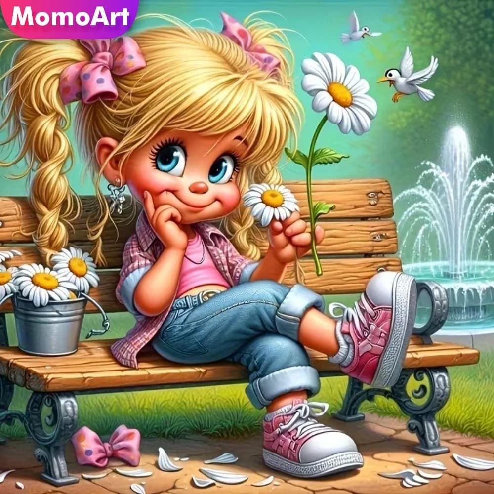 Momoart Quadro con Diamanti Quadrati e Rotondi, Mosaico con Personaggio Femminile, Pittura con Strass, Ritratto Cartoon, Ricamo Fai da Te, Arte da Parete