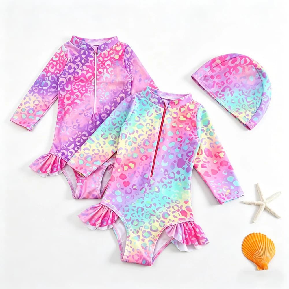Costume da bagno intero per bambina, stampa leopardata sfumata, manica lunga, con cerniera, con cappuccio da bagno, protezione UV, abbigliamento da spiaggia