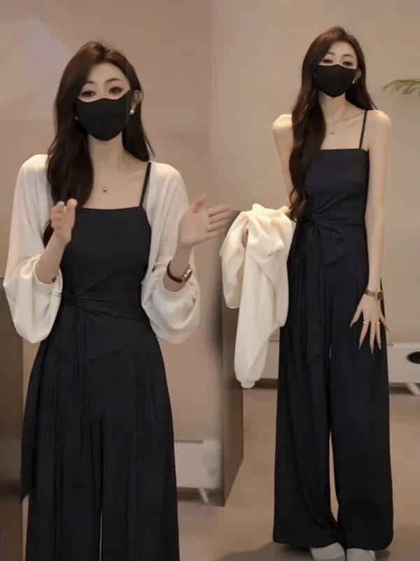 Fashionable Summer Three-Piece Set Women's Clothing Sunscreen Open Cardigan Wide Leg Pants Versatile Style High Waist Long Pants