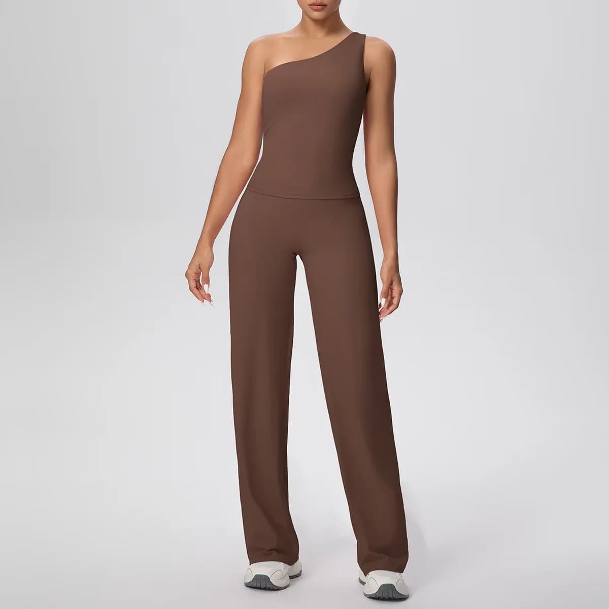 Set da yoga asimmetrico a spalla singola XS da donna Reggiseno sportivo solido traspirante Pantaloni da corsa larghi a gamba dritta che ammortizzano la vita