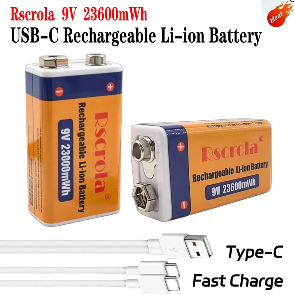 Batteria Ricaricabile USB-C Rscrola 9V 23600mWh agli Ioni di Litio a Tensione Costante per Pedali Chitarra, Rilevatori di Fumo, Multimetri, Lunga Durata