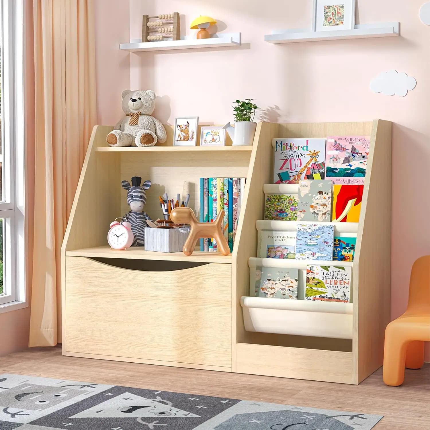 Libreria per bambini a 2 livelli con 4 ripiani a tracolla e scatola portaoggetti, organizer in legno naturale per l'aula della sala giochi della scuola materna