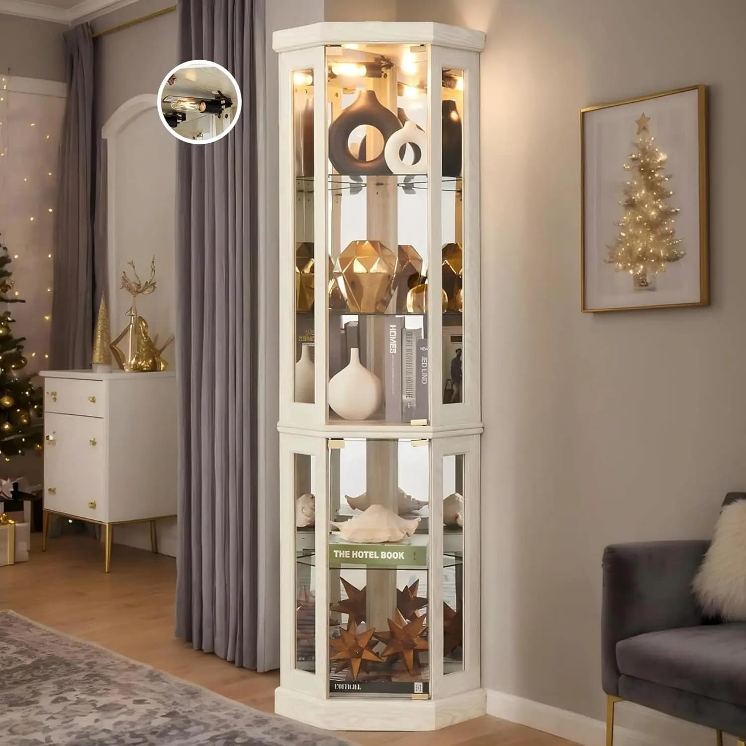 Vetrina Angolare Illuminata da 70 Pollici, Espositore Curvo in Legno con Porte in Vetro Temperato e Ripiani Regolabili, Personalizzabile