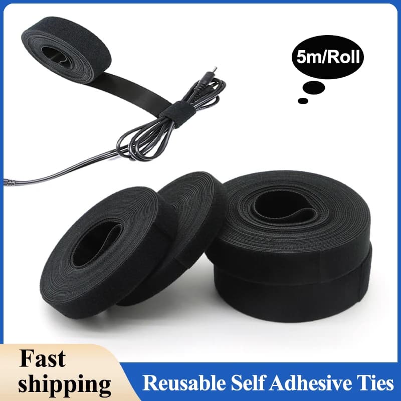 5 m/rotolo nero riutilizzabile autoadesivo fascette per cavi loop bundle cinturino in nylon organizzatore clip supporto per cavi gestione nastro di fissaggio fai da te