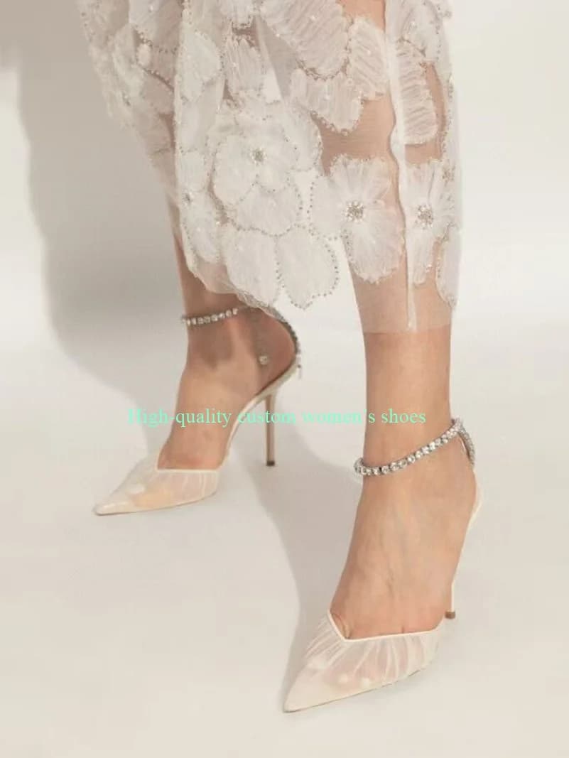 Summer Lace Mesh Fabric Breathable Version Summer Sandals Water Ankle Rhinestone Chain Buckle Stiletto Heels Best-Selling Shoes