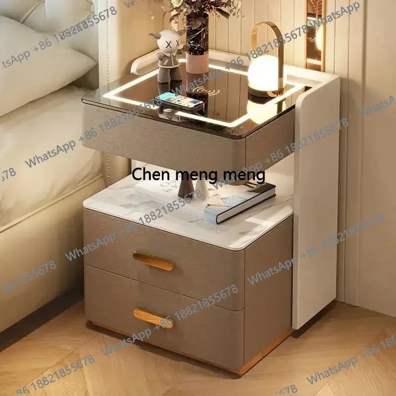 Comodino Smart per Casa, Ricarica Wireless, Serratura con Password, Contenitore a Tre Strati per Camera da Letto, Mobiletto in Legno Massello