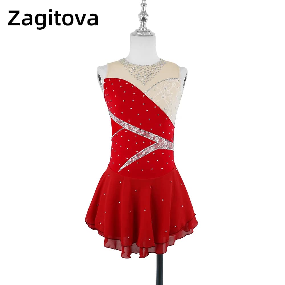 ZAGITOVA Abito da pattinaggio di figura rosso Gonna da pattinaggio su ghiaccio senza maniche da donna Gonna in rete con montaggio in pizzo con strass