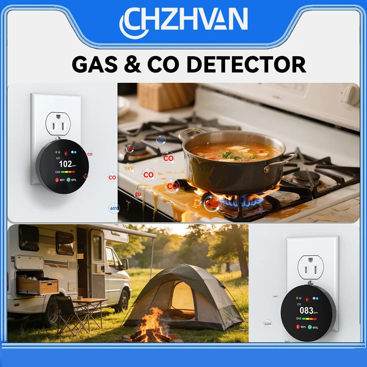 Allarme 4 in 1 CHZHVAN per CO e Gas Naturale con Rilevatore di Monossido di Carbonio, Temperatura e Umidità per Camper