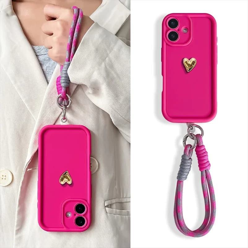 Luxury 3D Love Heart Matte Soft Lanyard Rope Phone Case For iPhone 16 15 14 13 12 11 Pro Max X XS XR 7 8 Plus Shockproof Cover