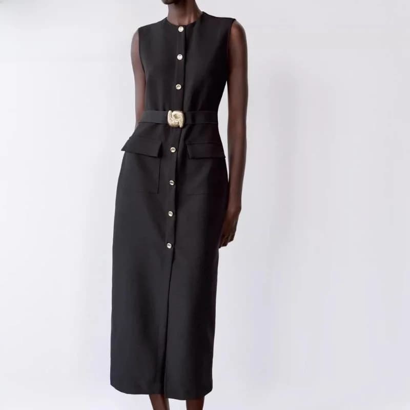Abito Midi da Donna Primavera 2025 Nuovo Arrivo Senza Maniche Collo Tondo con Cintura Gonna Plissettata Stile Coreano in Morbido Tessuto di Poliestere