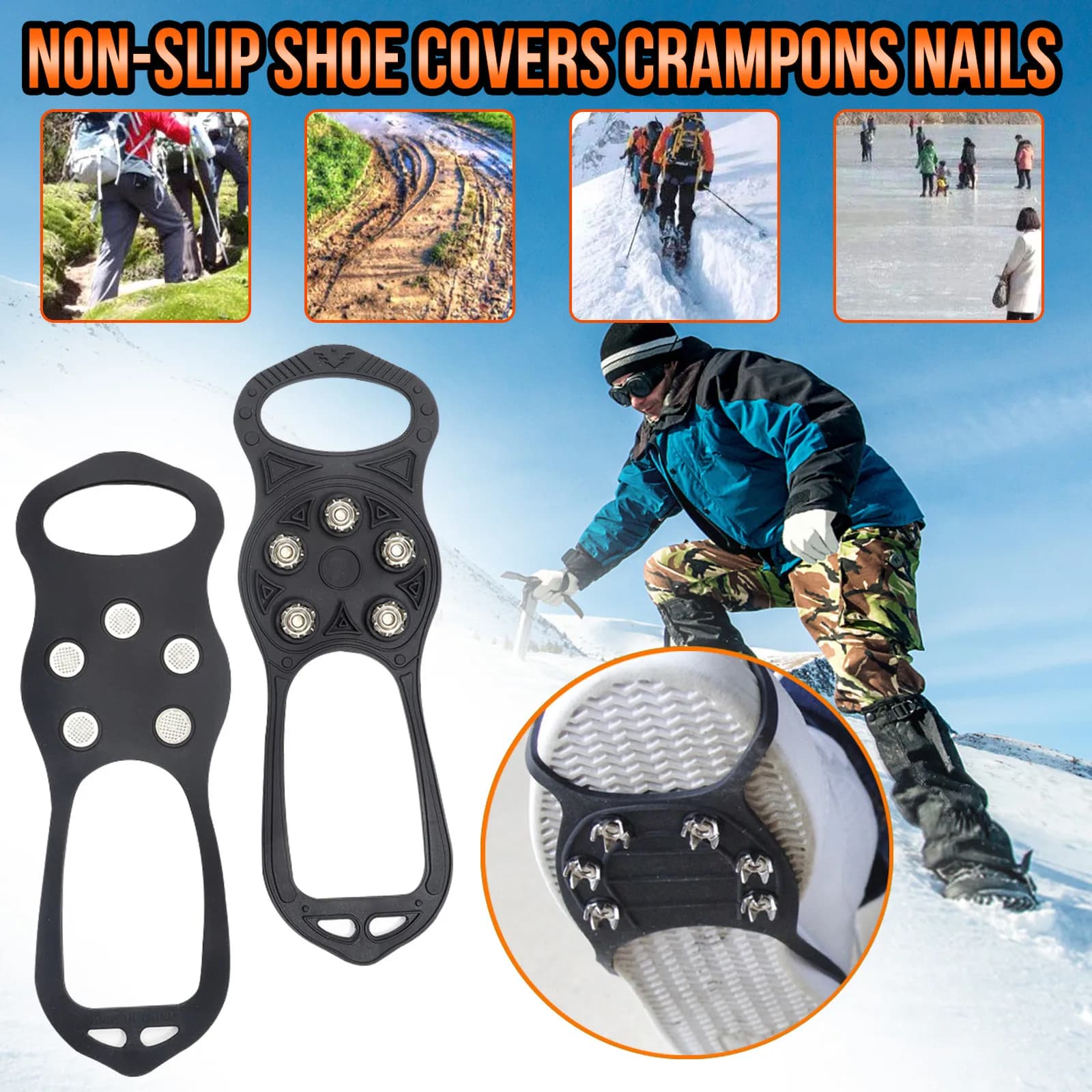 Pinze antiscivolo per esterni Impugnature da neve Scarpe da neve invernali Stivali Cinturino Punte Borchie Borchie universali Scarpe Arrampicata Trekking Copertura