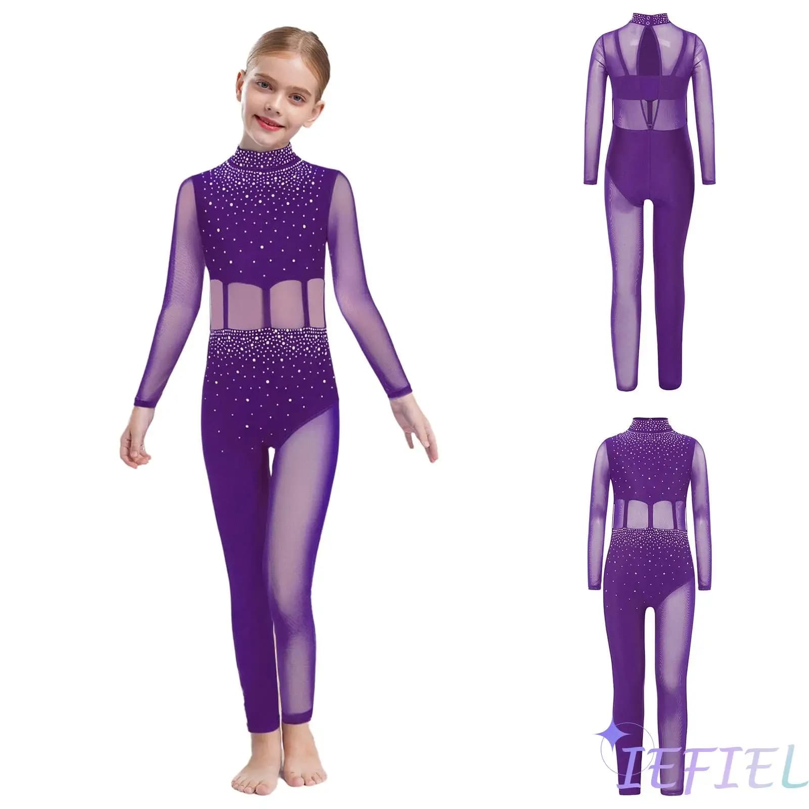 Catsuit professionale per pattinaggio di figura per ragazze con design sul retro con buco della serratura, tuta decorata in rete trasparente e strass per spettacoli sul ghiaccio