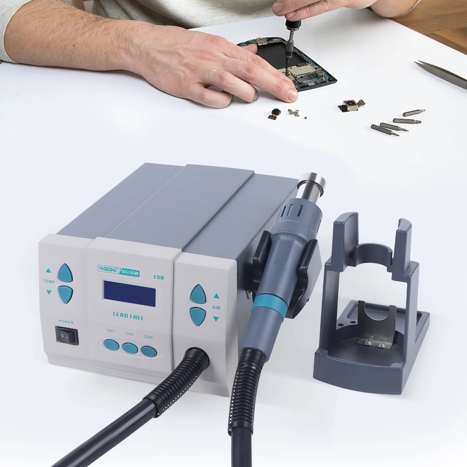 Stazione di saldatura, pistola ad aria calda, pistola termica digitale senza piombo, spina americana 110 V, temperatura del flusso d'aria regolabile, saldatura di riparazione PCB