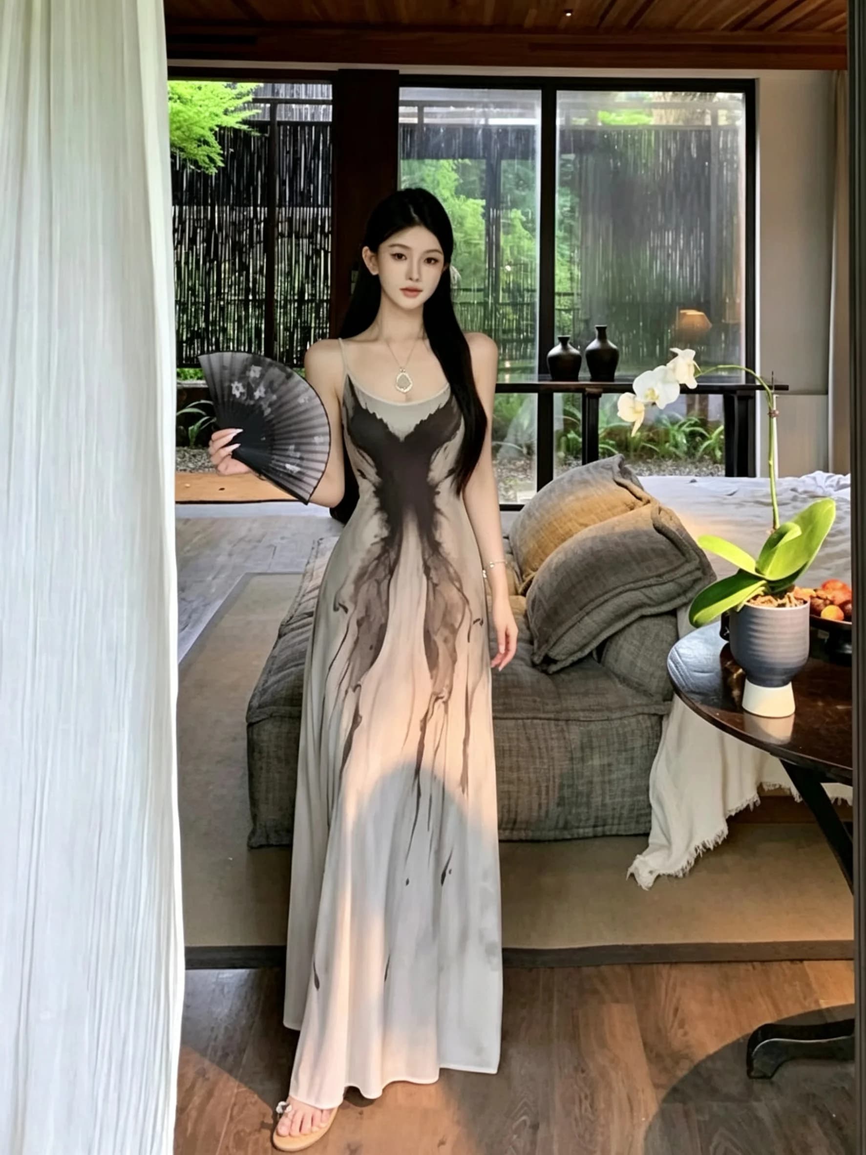 Elegant Hand-Painted Water-Media Dress Women's Luxury Chic Strap A-Line Long Dress City Commute Beach Date Casual