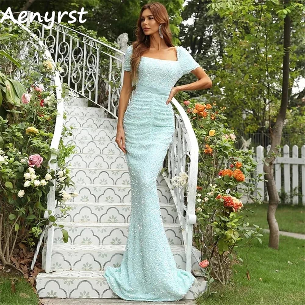 Aenyrst Abiti da ballo eleganti con maniche corte con paillettes Abiti da sera aderenti con colletto quadrato a sirena Abito da sera lungo fino al pavimento