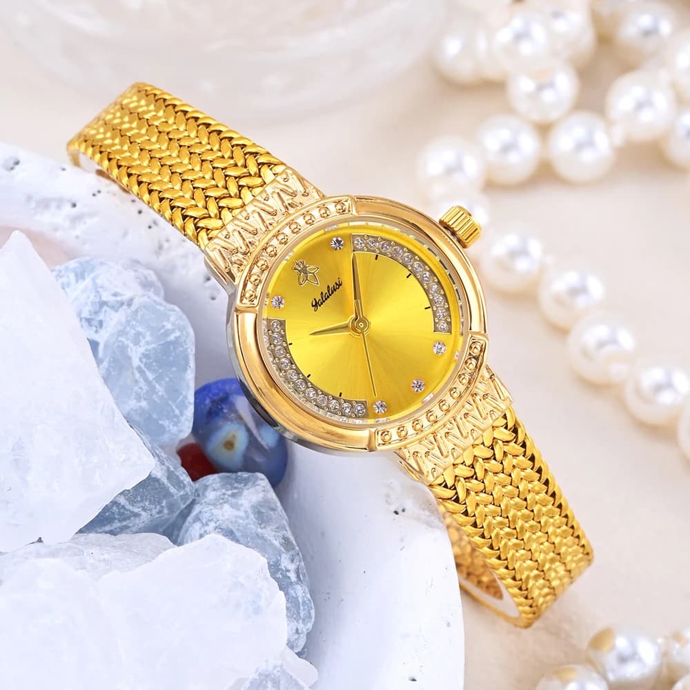 Women's Watch Yalalusi Gold, Luxurious Quartz Clock with Diamonds, Elegant wristwatch with Milanese Knit Strap, Gift for Ladies 2026 NEW