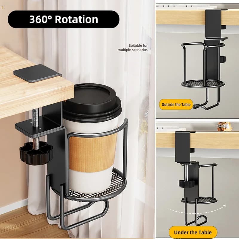 2 in 1 Desk Cup Holder with Headphone Hanger Holder, Anti-Spill Clip-On Table Cup Hook with 360° Rotation Desk Organizer 1/2 Pcs