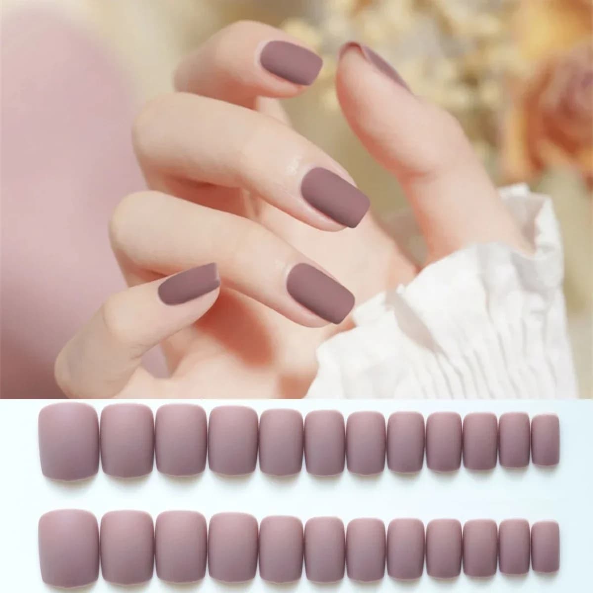24PCS/set Short Soot Ash Purple Matte Wear Fake Nails Full Cover Acrylic Finished Product Removable Press on Nail Art Decoration