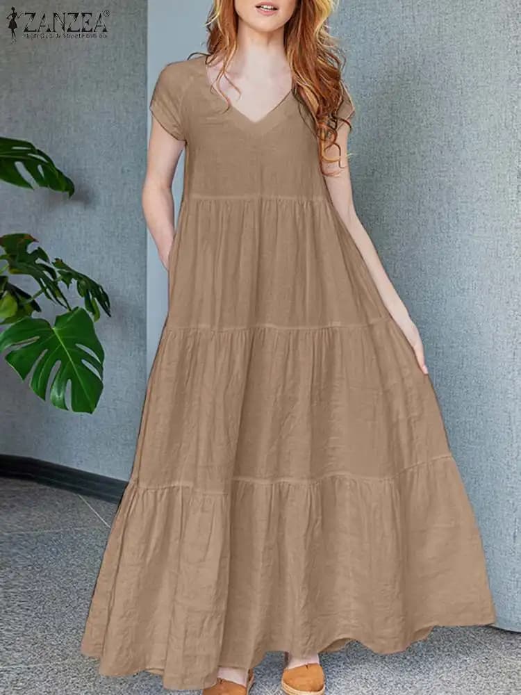 2024 ZANZEA Estate Maxi Abito Lungo Delle Donne Della Boemia Vacanza Vestito Estivo Con Scollo A V Manica Corta Veste Femme Casual Allentato Increspature Abiti