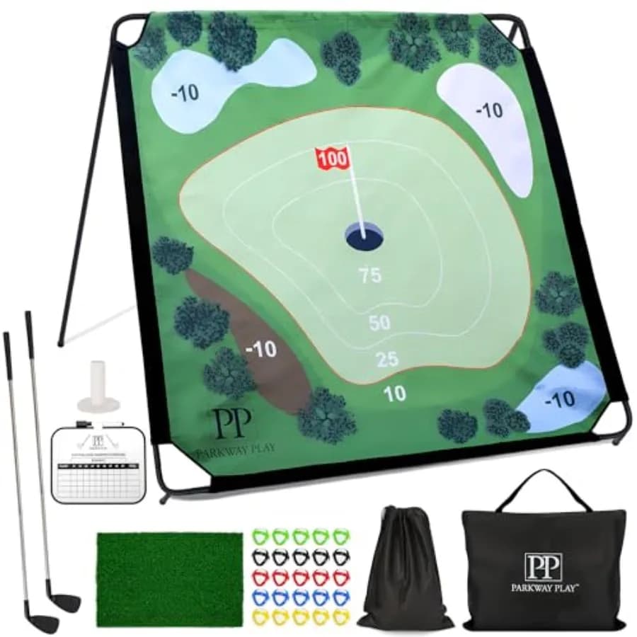 Set da gioco da golf per chipping da giardino con telaio in metallo e tappetino in erba sintetica per uso interno ed esterno 6x6 piedi, 25 palline adesive, 2 mazze regolabili