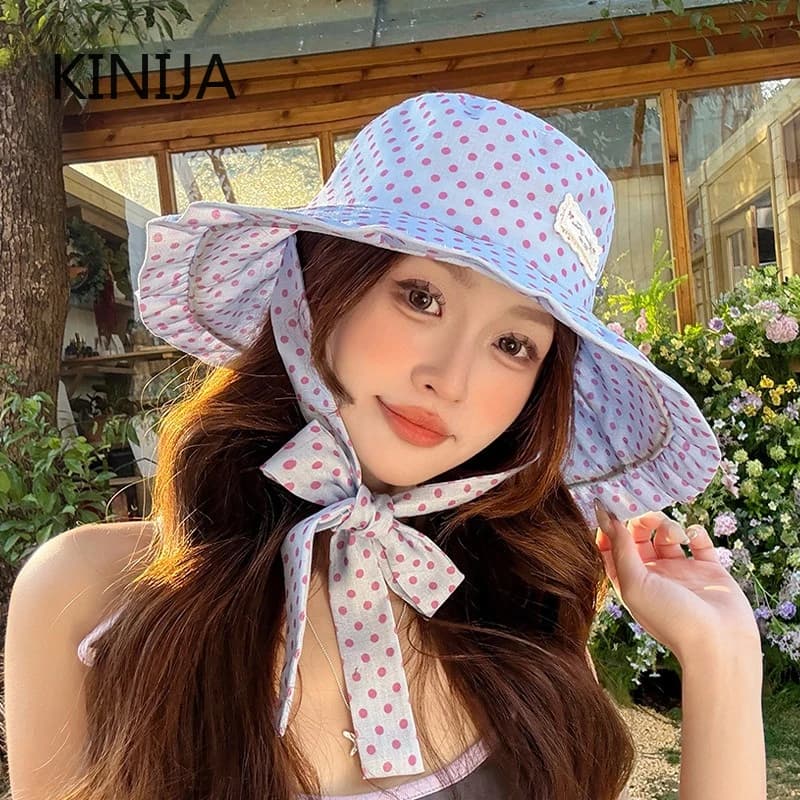 Cappello da Sole Coreano alla Moda con Nastro a Pois per Donna, Cappello a Secchiello Versatile con Tesa Larga e Pizzo Dolce, Protezione Solare per Viaggi Primavera Estate, da Spiaggia
