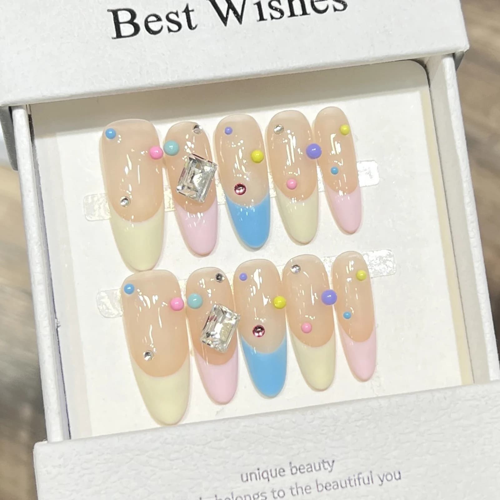 10 pezzi unghie finte francesi lunghe alla mandorla con glitter arcobaleno scintillanti colori caramelle punte per unghie francesi per unghie da donna manicure art