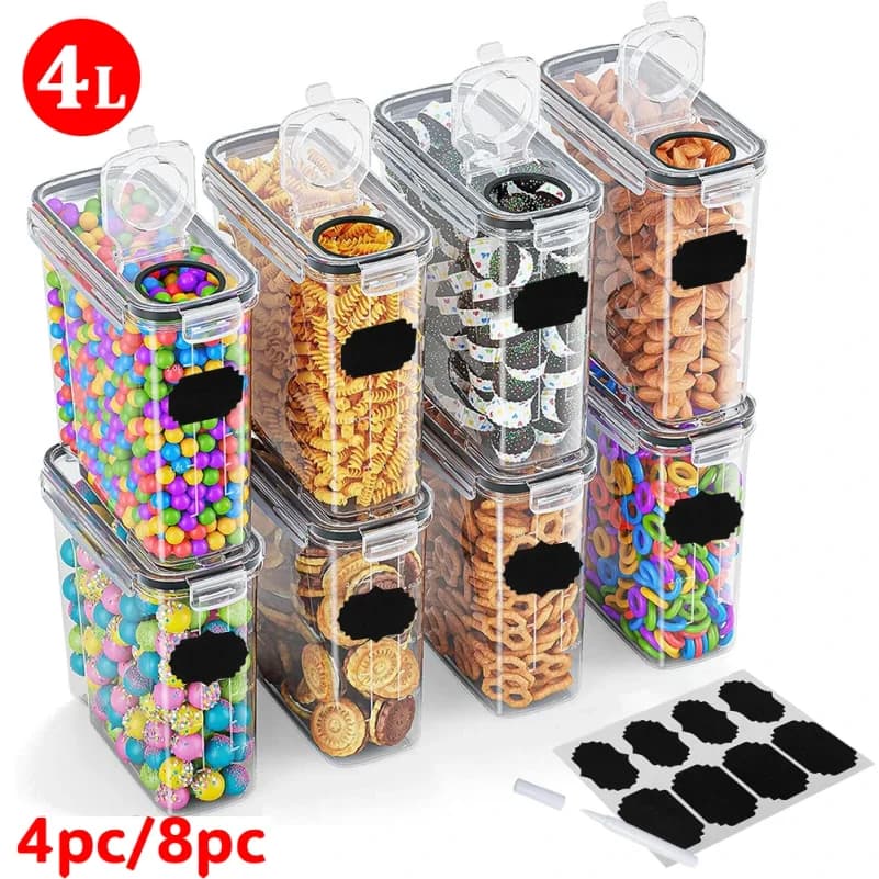 4pc/8pc Food Containers Set 4L Storage Tank Airtight Cereal Storage Container Set Sealed Food Storage Box Cereal Candy Dried Jar