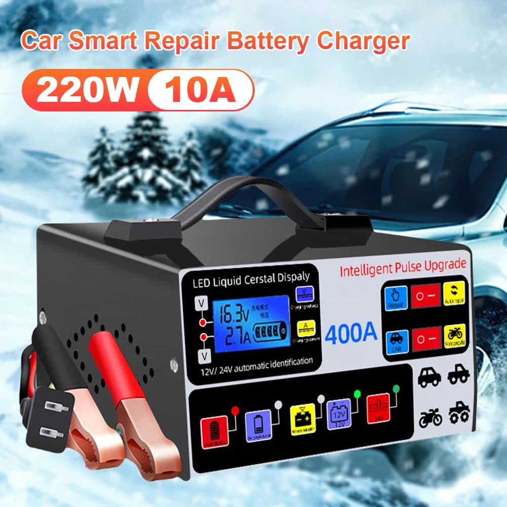 Caricabatteria per auto intelligente 400A 12V 24V Caricatore con display a LED con spegnimento automatico e sistema di riparazione intelligente