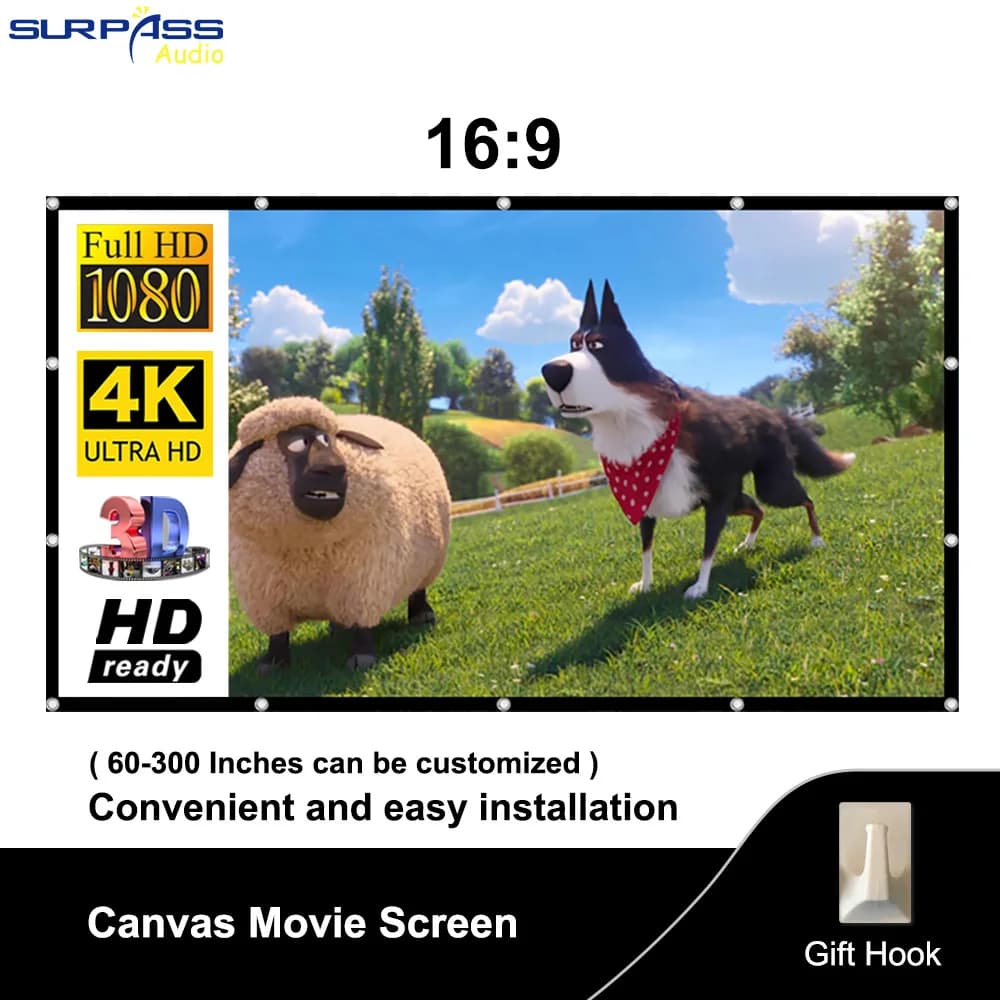 Proiettore portatile 4K HD Canvas Movie Screen 16:9 pieghevole 60 72 84 100 120 schermo per proiettore lavabile da 150 pollici per viaggi all'aperto