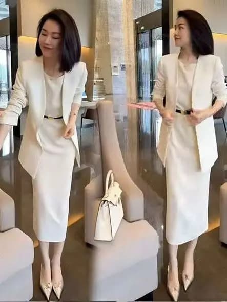 Elegante Completo Due Pezzi Stile Coreano, Giacca con Bottoni e Gonna a Vita Alta, Manica Lunga, Casual Primavera-Estate in Poliestere
