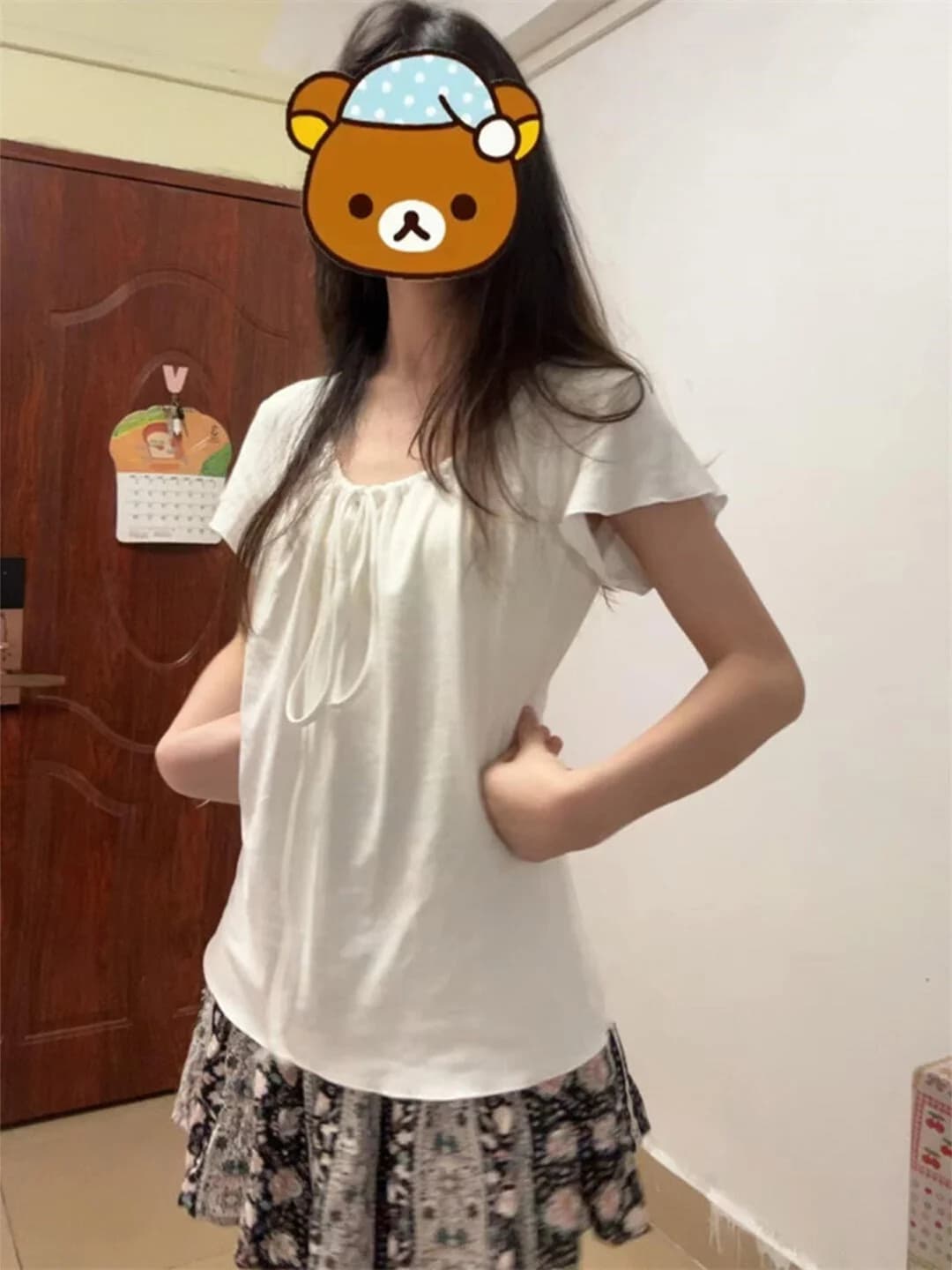 T-shirt da donna stile coreano, scollo a U, manica corta, con cintura, estivo, snellente, unico, bellissimo top, stile casual, orlo pieghettato