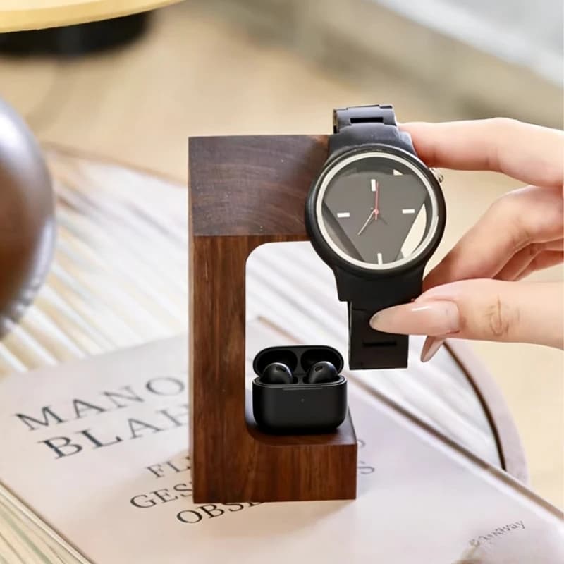Supporto per Cuffie Bluetooth Wireless in Noce Nero, Espositore Personalizzato di Alta Gamma per Orologi, Portaoggetti Multifunzionale