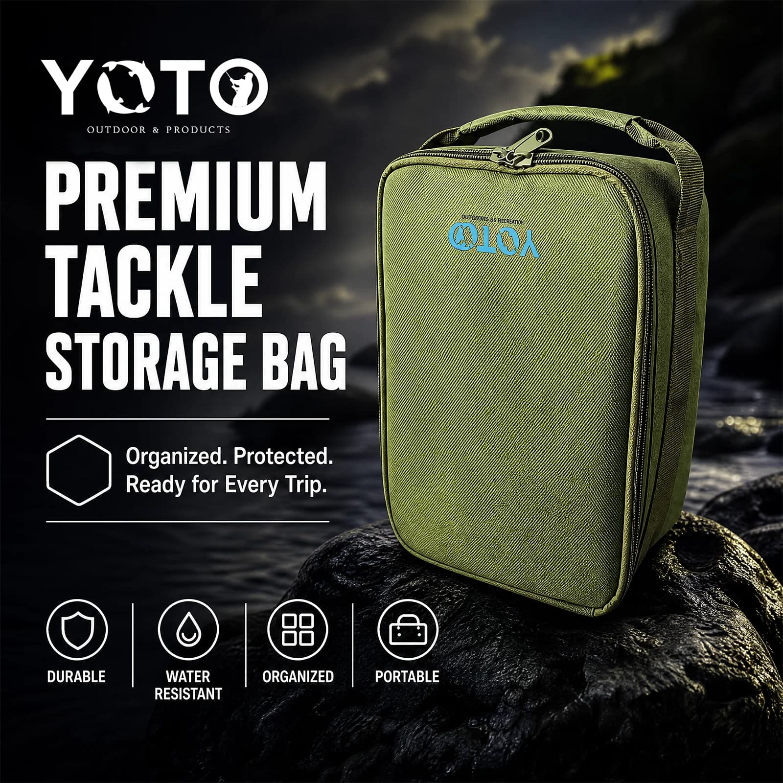 Durable green nylon layered tackle bag – multi-compartment zippered fishing bait box, portable rectangular box for anglers