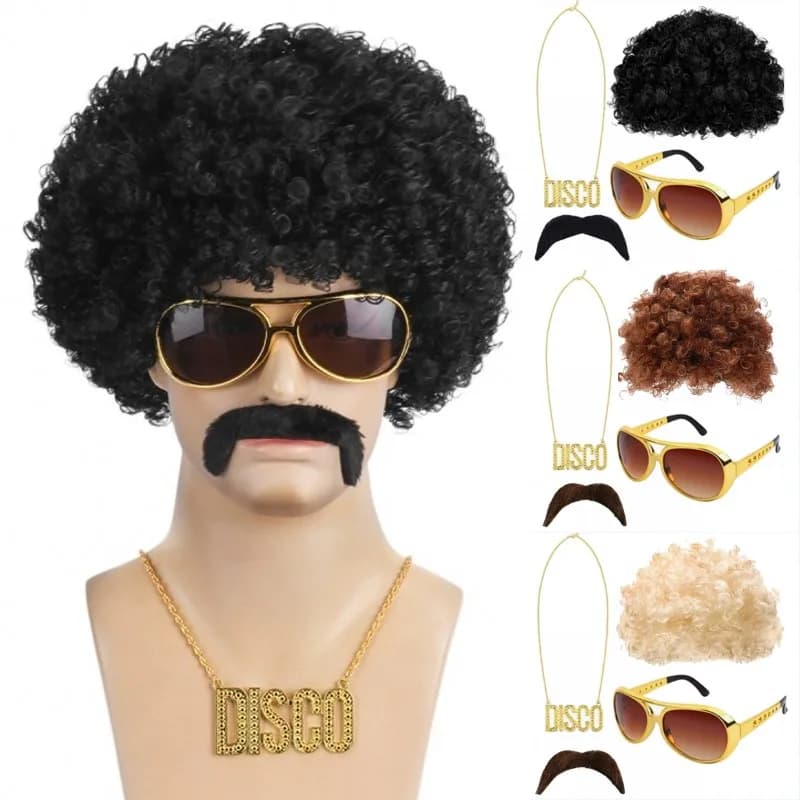 Set di bigiotteria Parrucche sintetiche per capelli ricci Parrucca afro Occhiali da sole Collana per adulti Hip Hop Cosplay Accessori per feste Accessorio per capelli