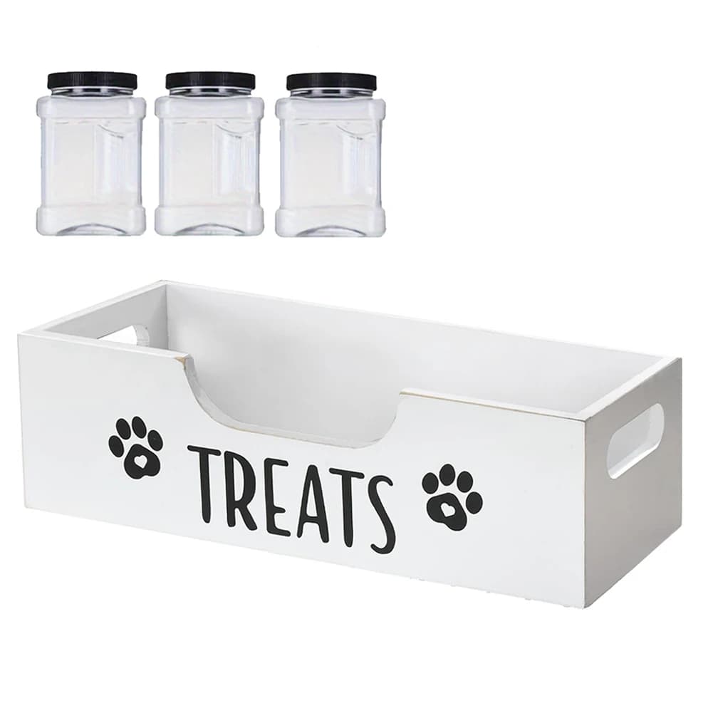 Scatola in Legno per Snack per Animali Domestici con Contenitore in Plastica per Alimenti (Bianco)