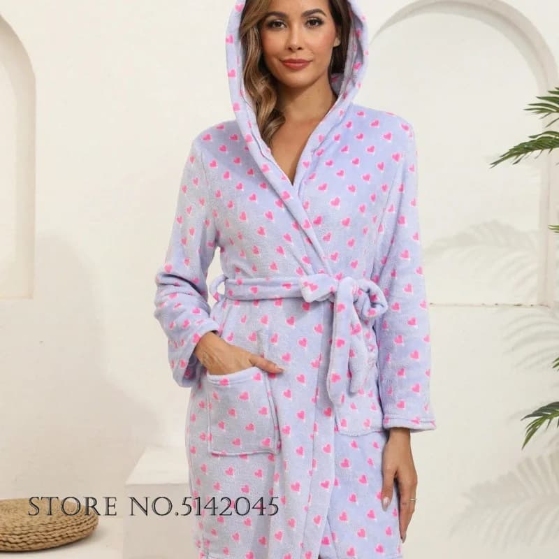 Hooded Flannel Women's Robe Nightgown Autumn Winter New Bathrobe Lingerie Sleepwear Loose Soft Coral Fleece Homewear Loungewear